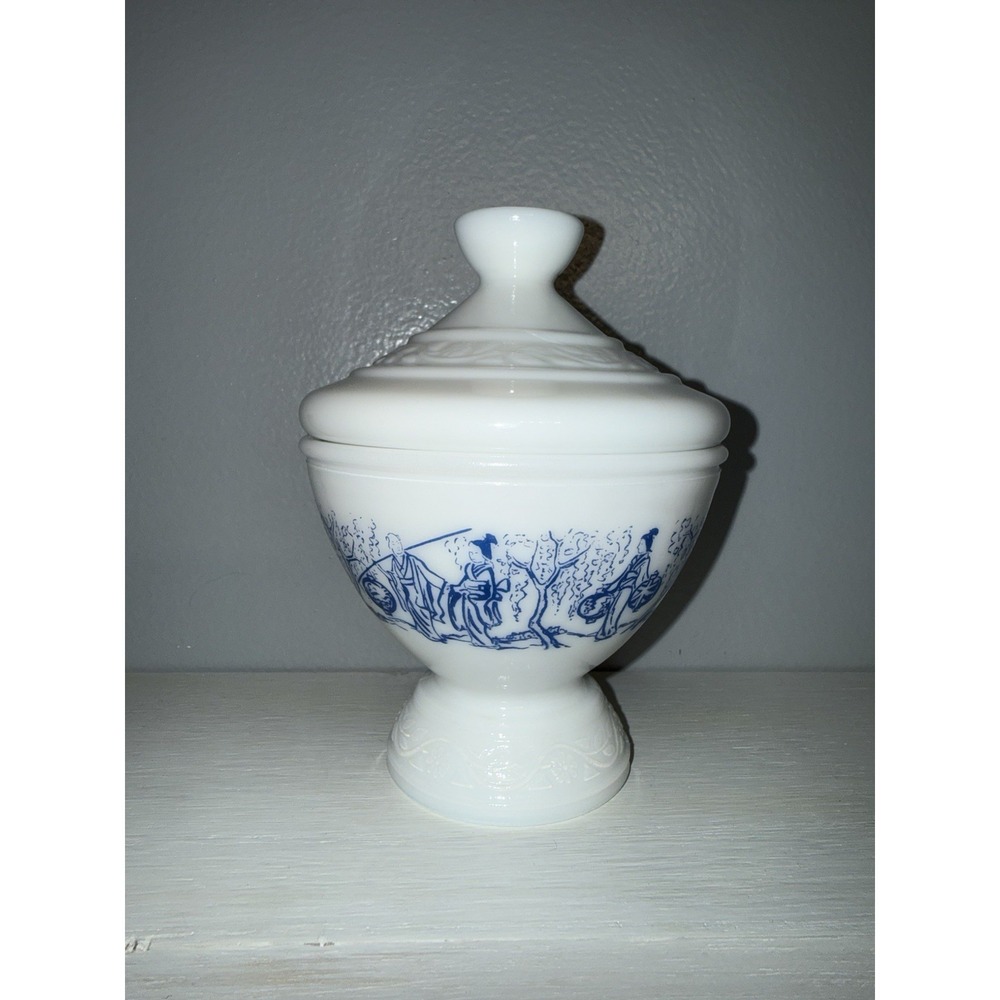 Vintage Milk Glass Lidded Footed Candy Dish Blue Asian Scene Made in Belgium